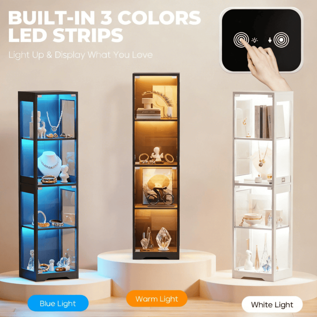 single door glass display cabinet 4 tier 3 led lights smart