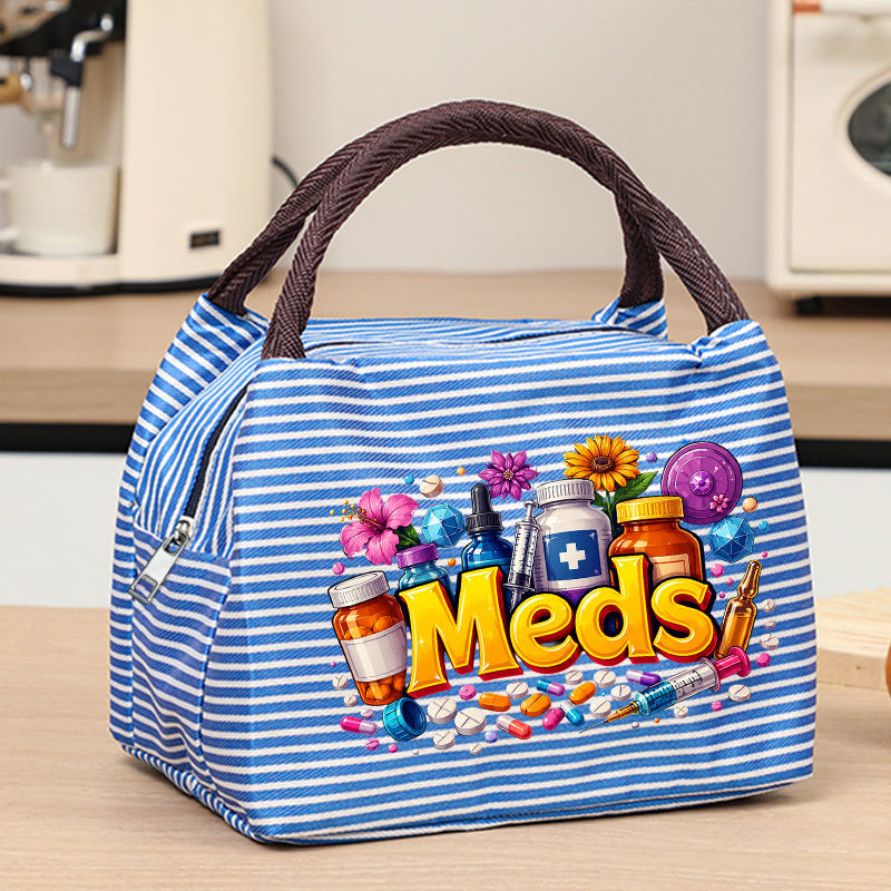 fun meds themed print womens handbag featuring a colorful