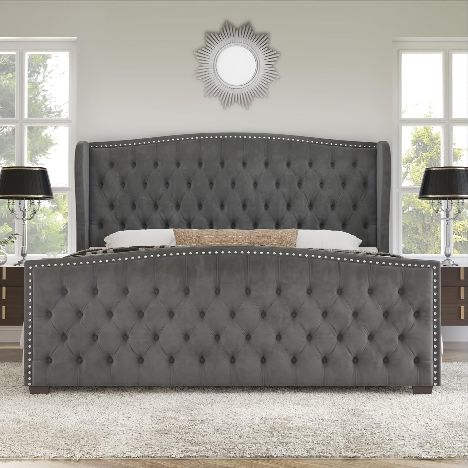 platform bed frame velvet upholstered bed deep button tufted