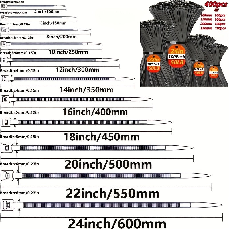 400pcs   heavy duty outdoor assorted cable ties