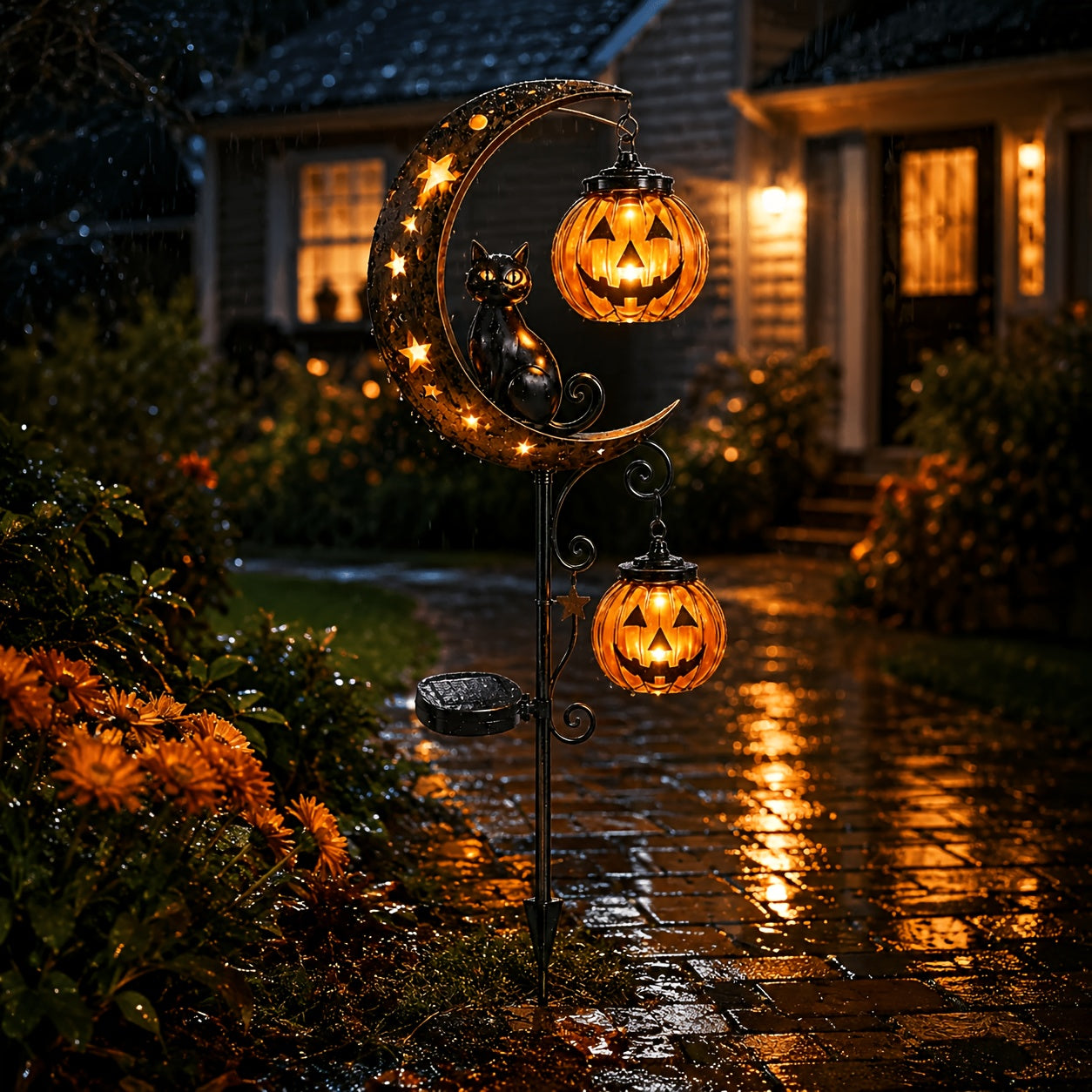 3d halloween solar garden plug in light crescent black cat