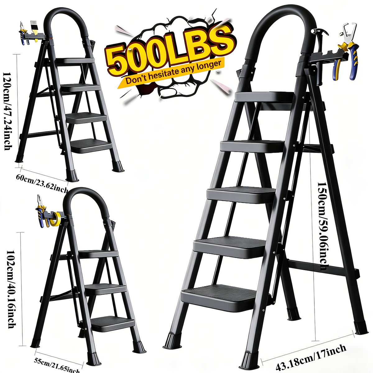 500lbs load bearing folding ladder heavy duty steel step