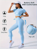 womens 2pcs workout set yoga top leggings crew neck medium