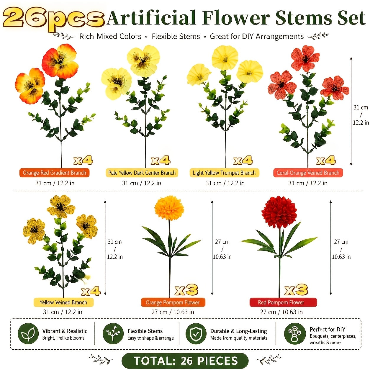 26pcs autumn artificial flowers yellow red orange mixed
