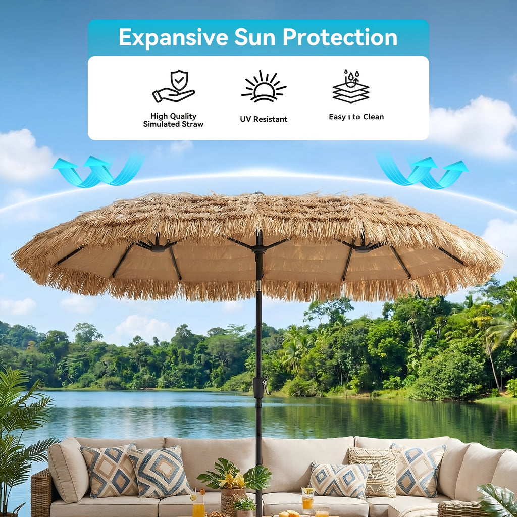 13ft triple head   thatch patio umbrella