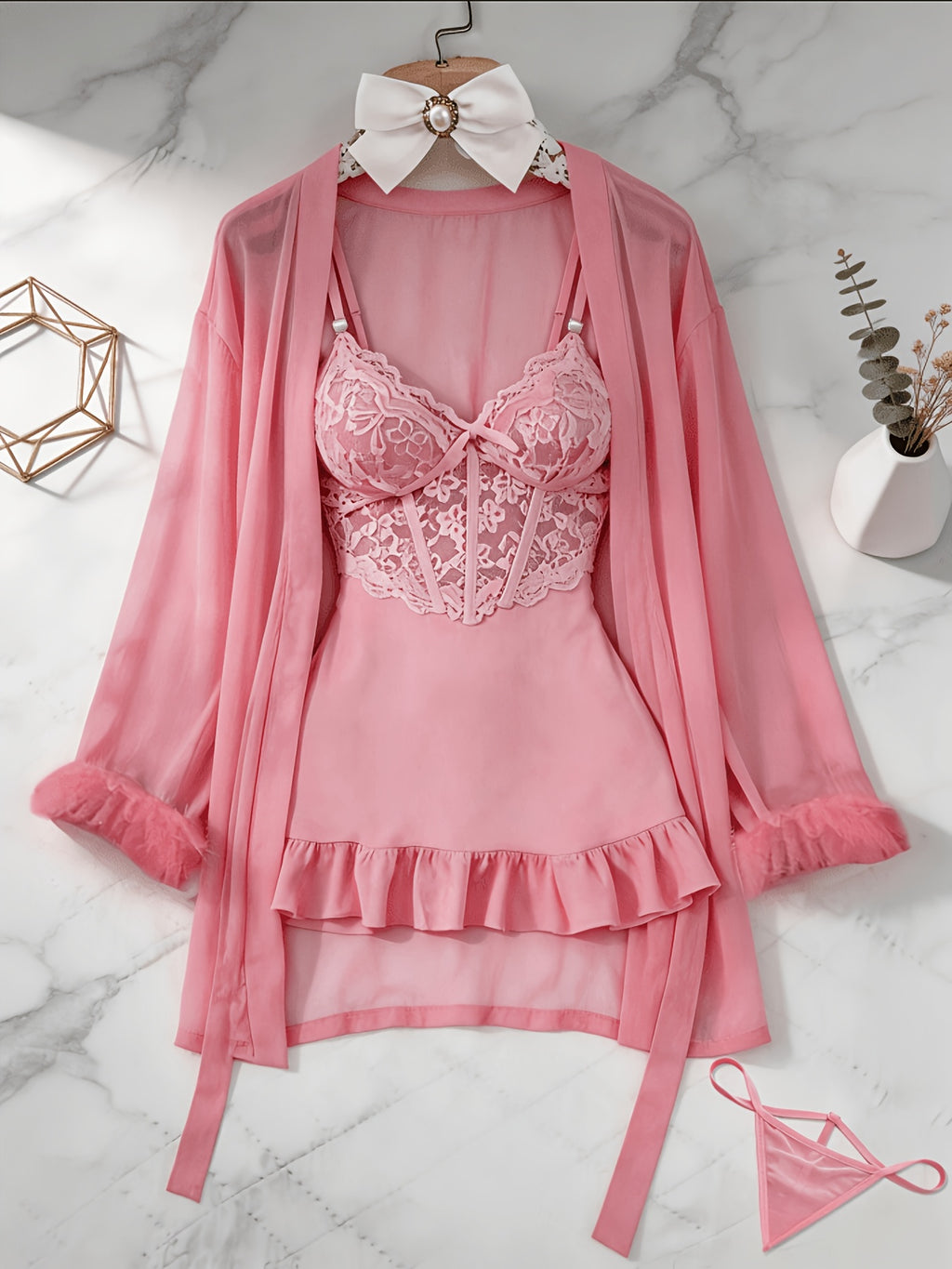 womens   3pcs sheer lace   set robe panty see