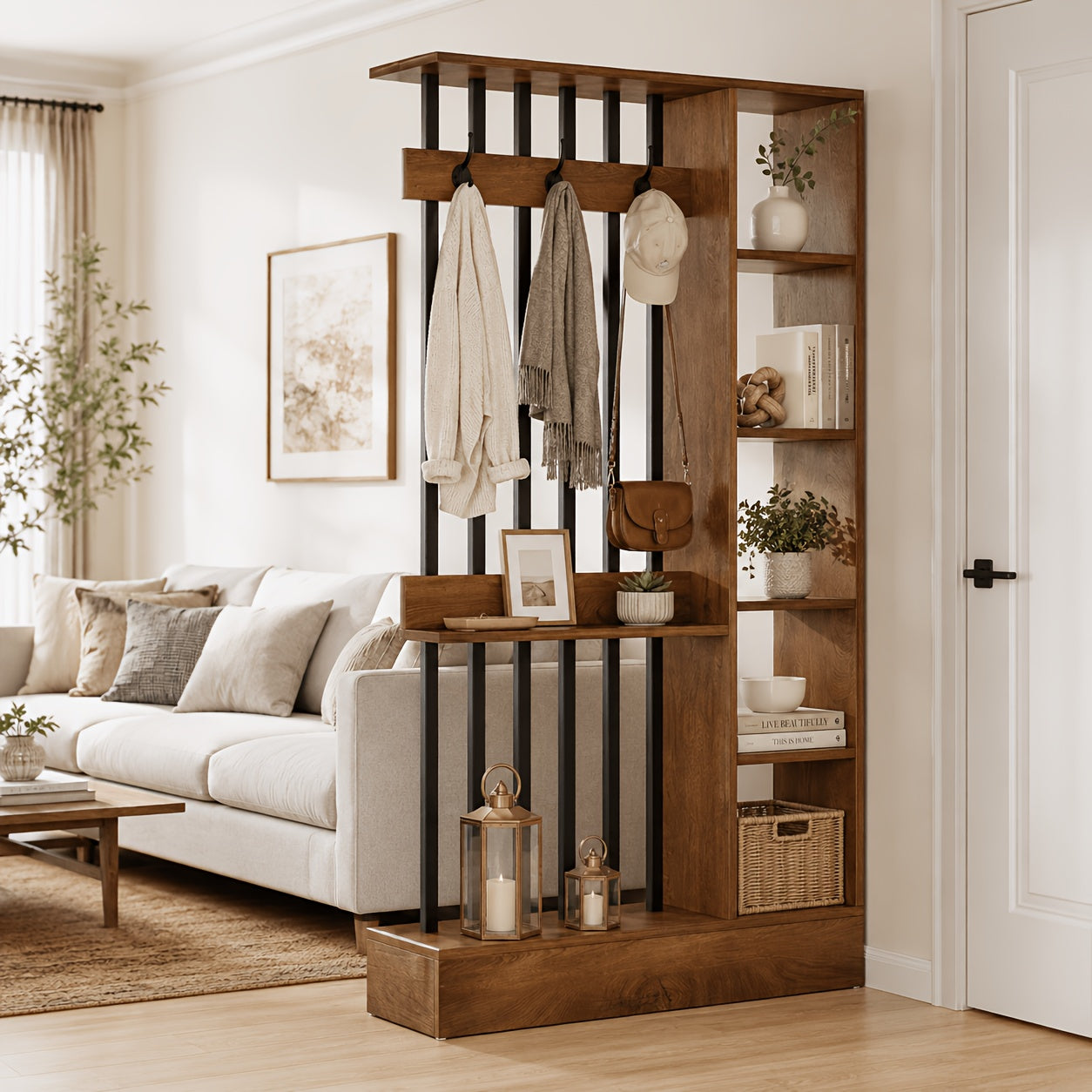 71 inch brown wooden freestanding room divider multi