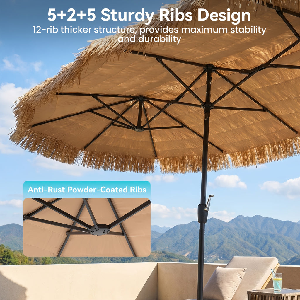 13ft triple head   thatch patio umbrella