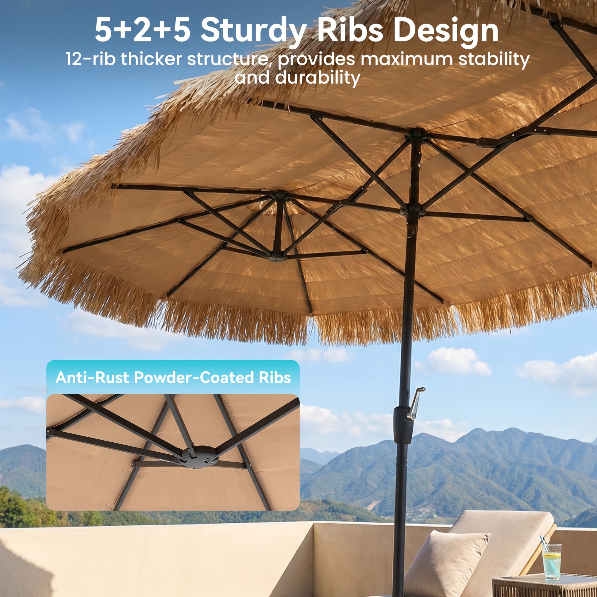 13ft triple head   thatch patio umbrella