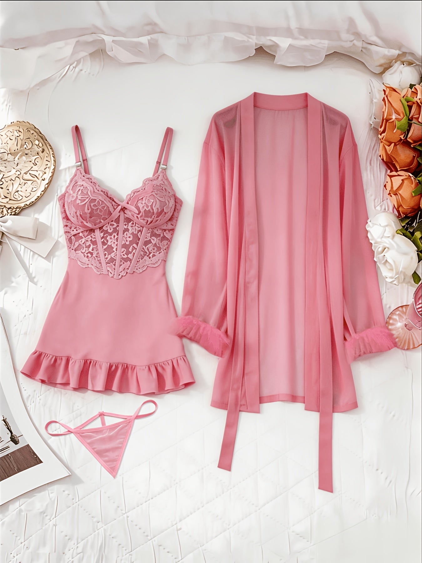 womens   3pcs sheer lace   set robe panty see