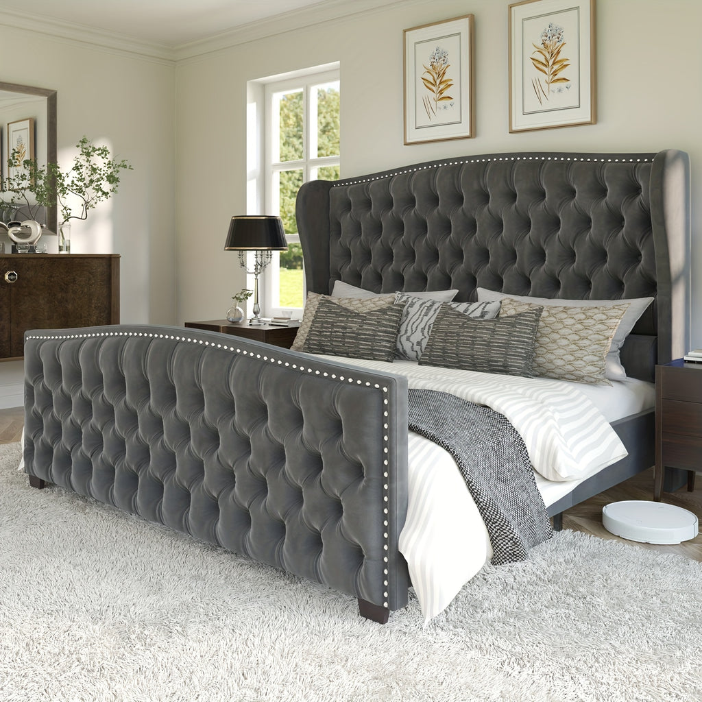 handcrafted velvet bed frame featuring a wingback headboard