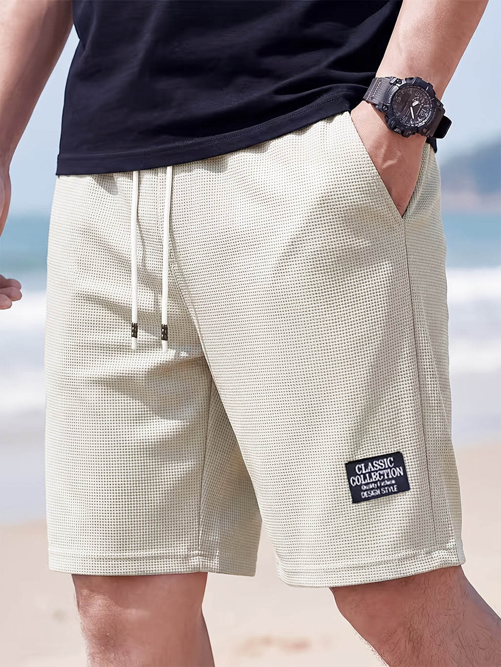 1pc mens waffle texture casual athletic shorts drawstring