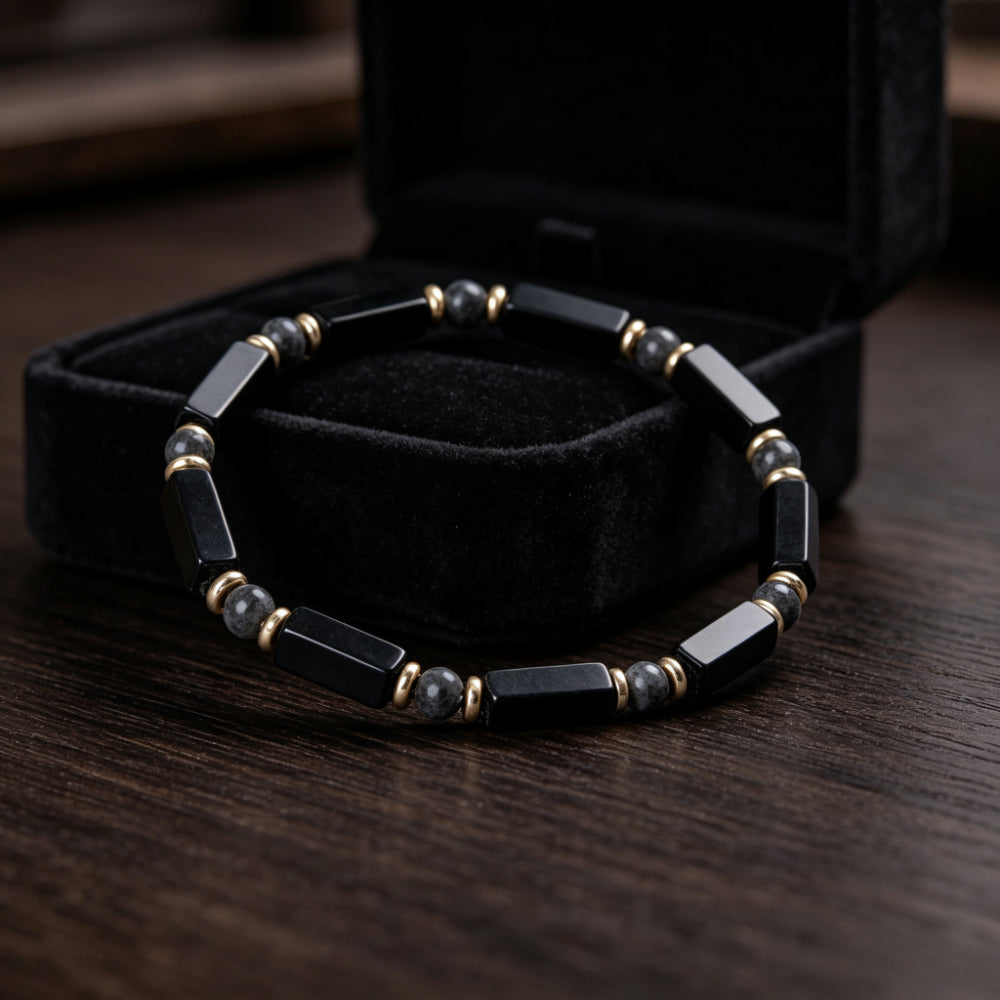 black onyx labradorite rectangular beaded bracelet