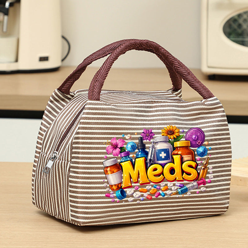 fun meds themed print womens handbag featuring a colorful