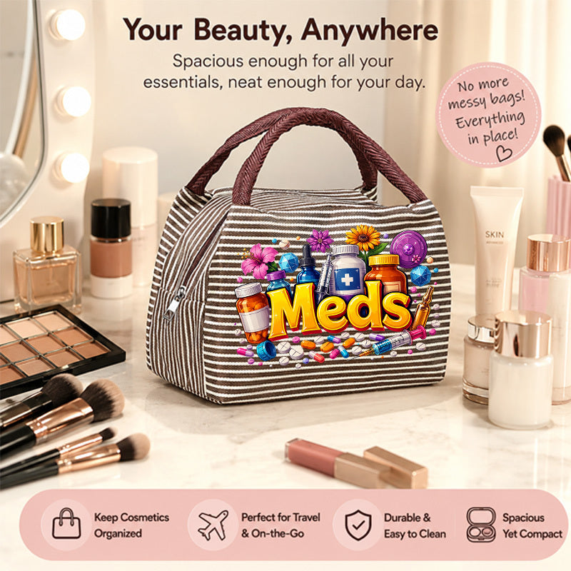 fun meds themed print womens handbag featuring a colorful