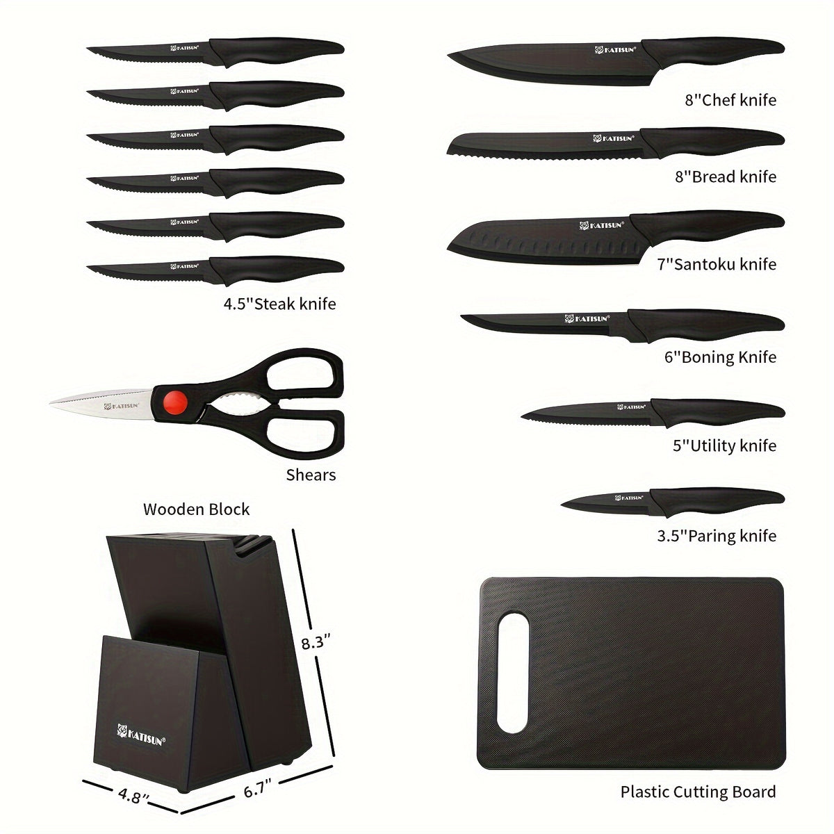 15pcs professional black coded kitchen knife set black