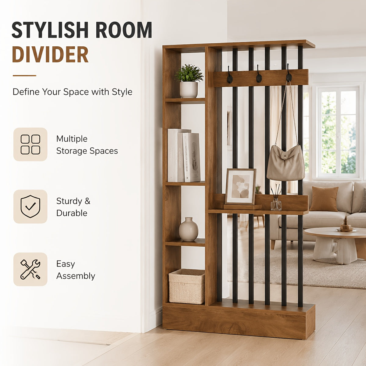 71 inch brown wooden freestanding room divider multi